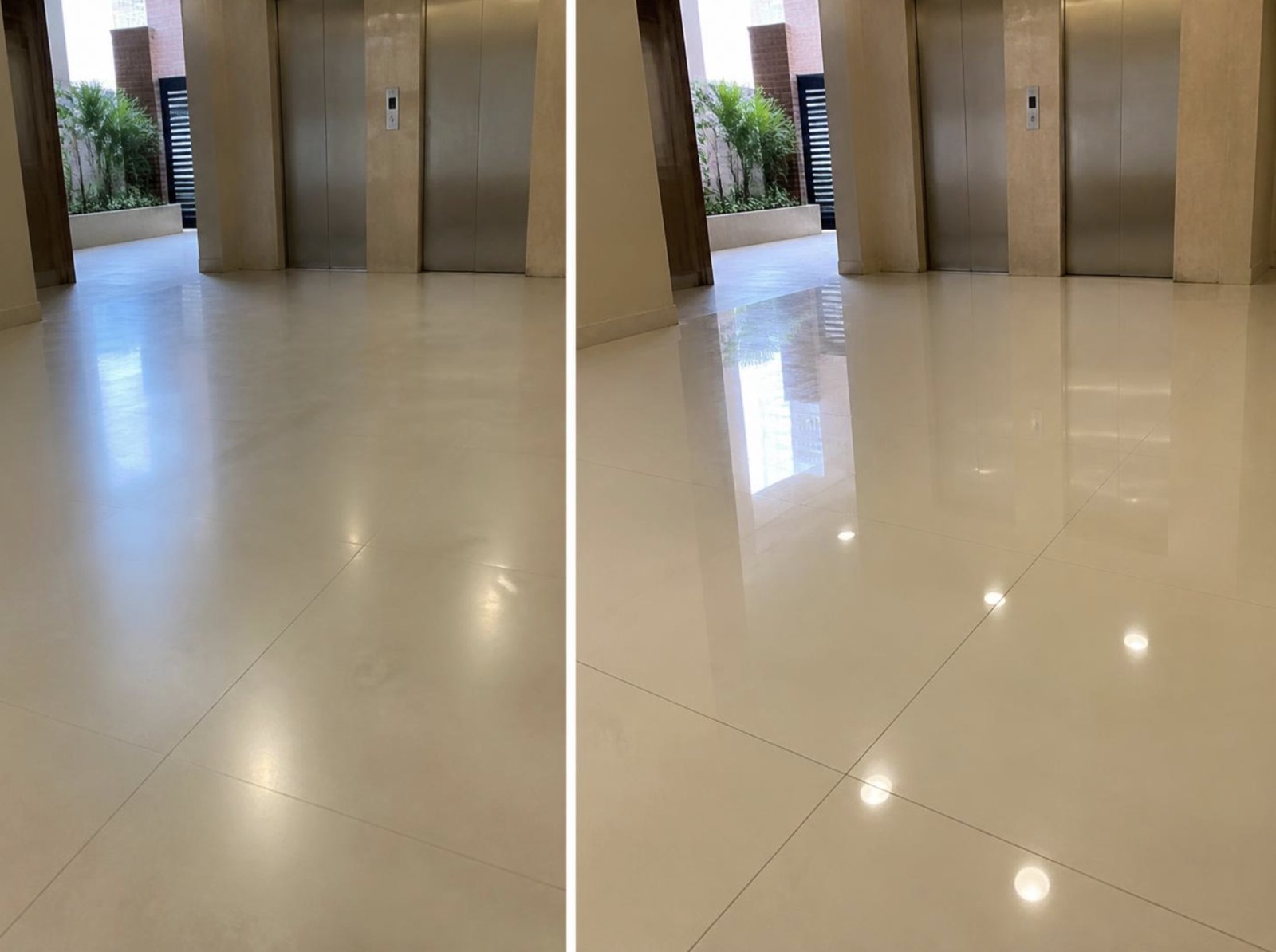 Porcelanato marfil del lobby de un edificio, opaco y recuperado