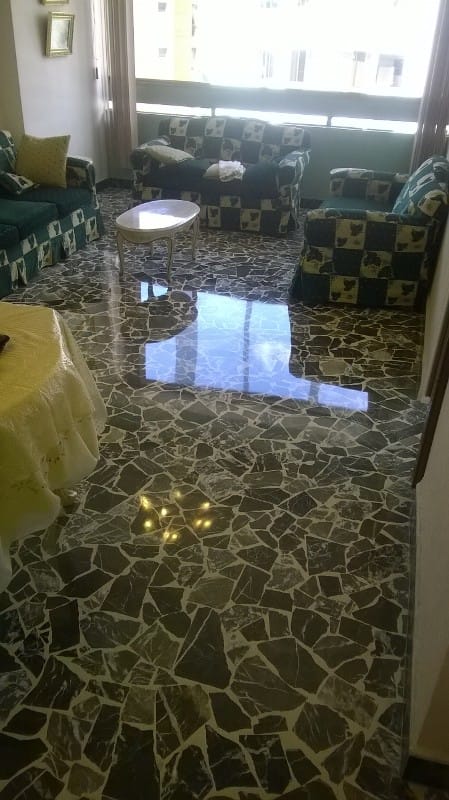 Sala con piso de mármol verde pulido