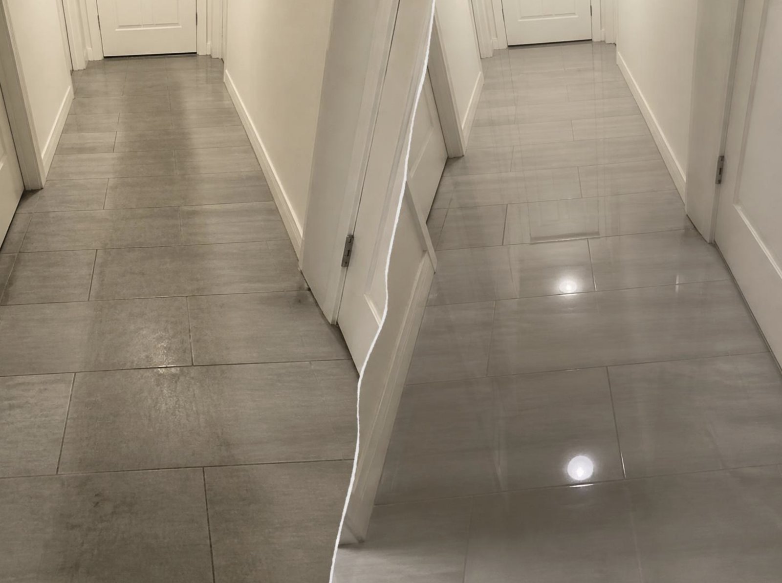 Porcelanato gris de un pasillo, opaco y recuperado