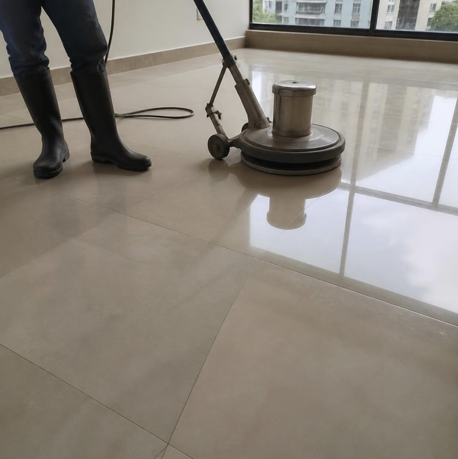 Técnico puliendo un porcelanato beige