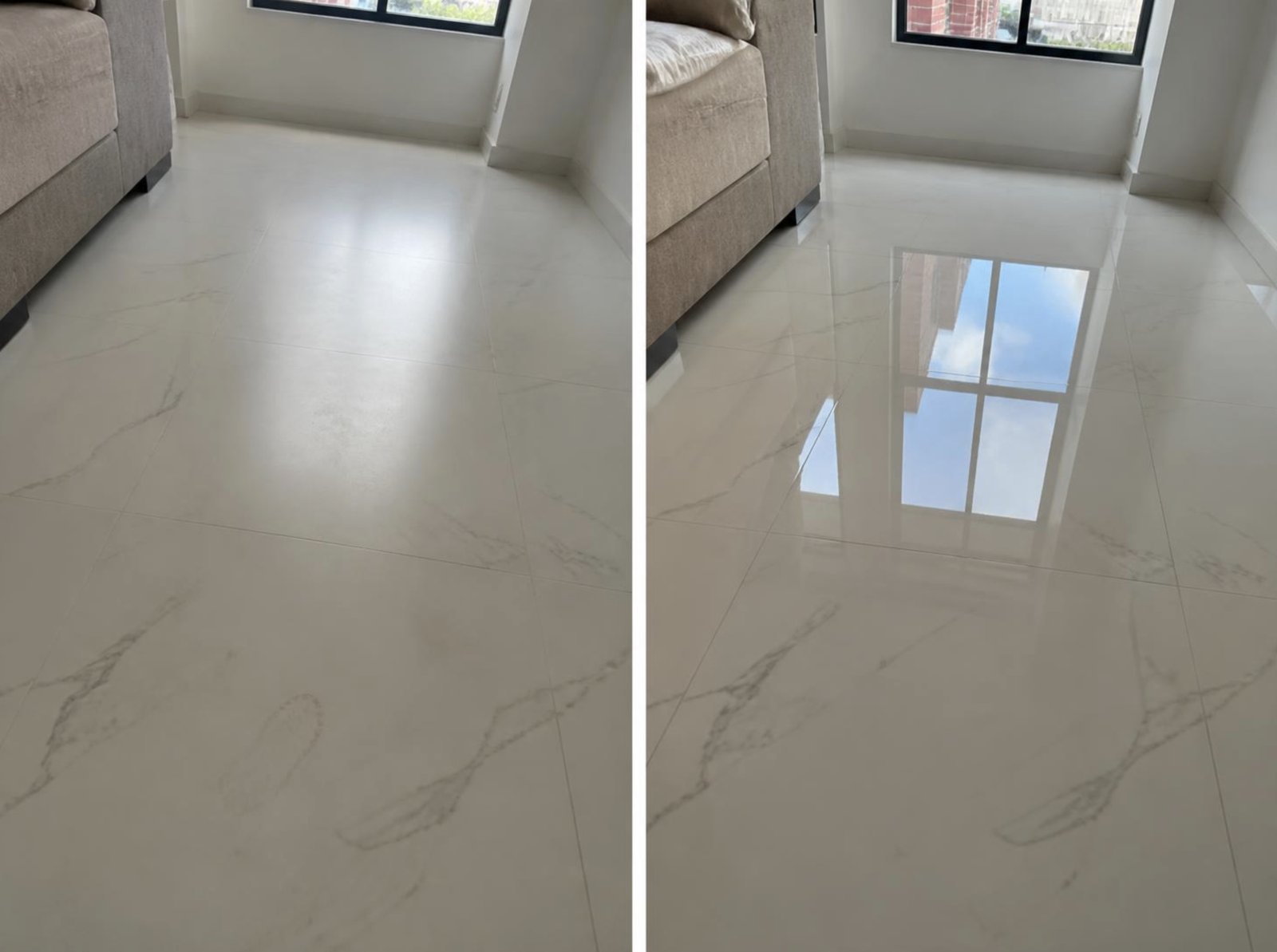 Porcelanato blanco tipo mármol de una sala, opaco y recuperado